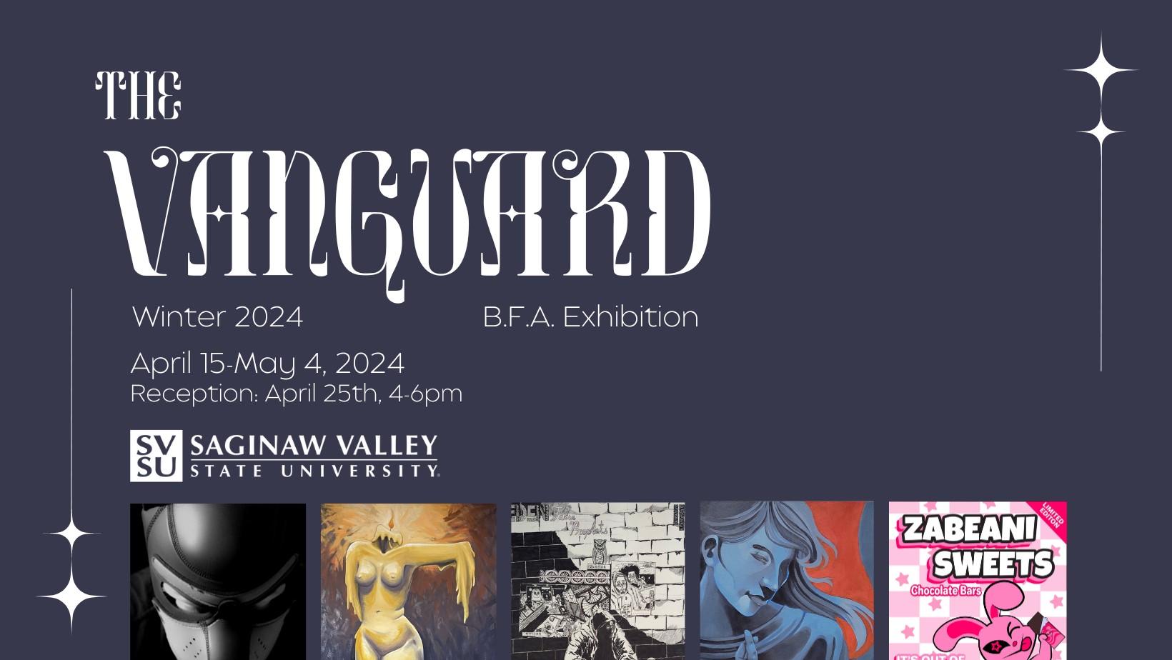 title banner with 5 images of student work and exhibition details